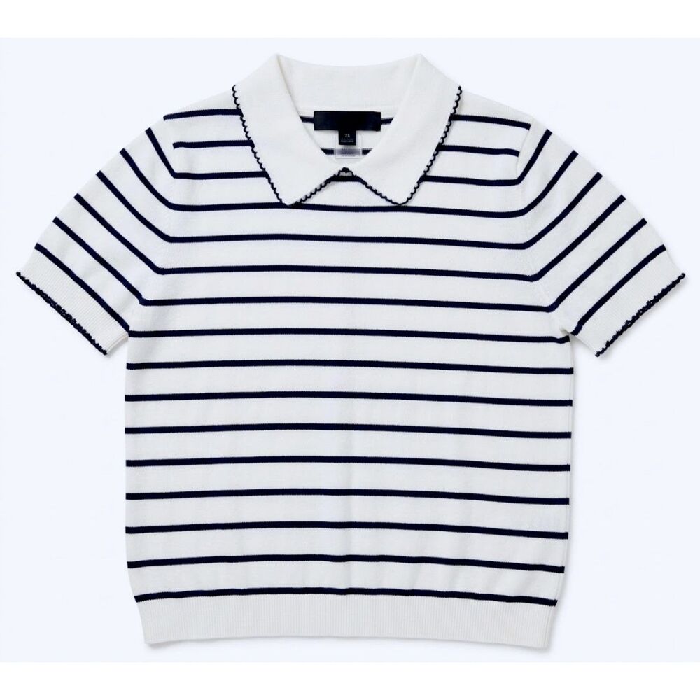 Zara Women's Striped Knit Polo Top Short Sleeve Navy Blue & White Sailor Size S